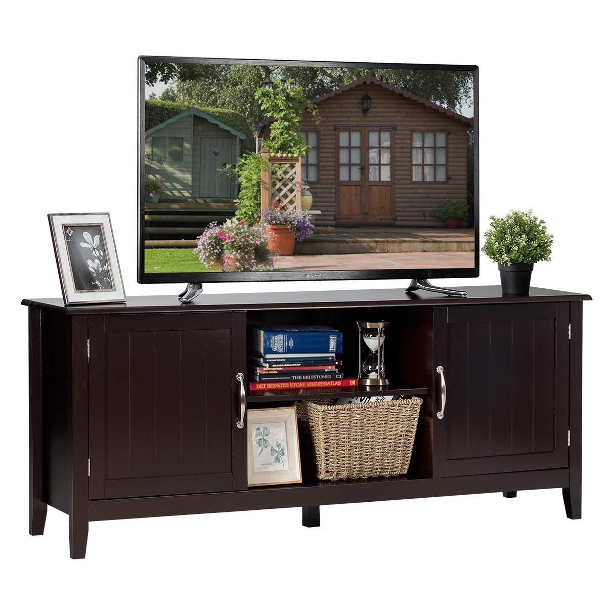 Meuble TV de style rustique avec portes coulissantes pour écrans plats jusqu'à 65 pouces, meuble de rangement pour salon avec